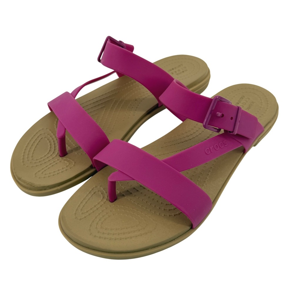 Crocs Tulum Toe Post Sandal Flip Flop Fuchsia Pink Tan Women 9 Buckle Straps